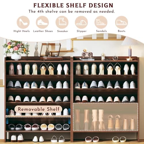 HUAHUU Shoe Cabinet with Sliding Slatted Doors, 5-Tier Shoe Storage Cabinet with Adjustable Shelf, Modern Wooden Shoe Organizer Cabinet for Entryway, Hallway, Living Room, Walnut - Thumbnail 5