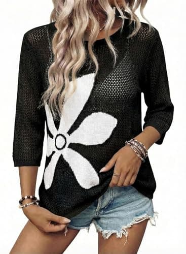 Dokotoo Swimsuit Coverup for Women Crochet Beach Floral Hollow Out Slit Bikini Shirts Half Sleeve Vacation Cruise Outfits Womens Tops 2026 Summer Spring Resort Vacation Cruise Outfits Black - Image 1
