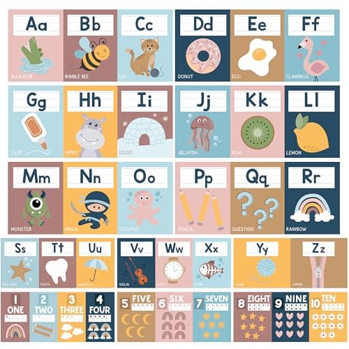 Hadley Designs Alphabet for Classroom Wall Decor - ABC Posters for Classroom Wall Chart Preschool & Kindergarten, ABC Letters & Number Line Elementary, Alphabet Cards, Boho Classroom Decor