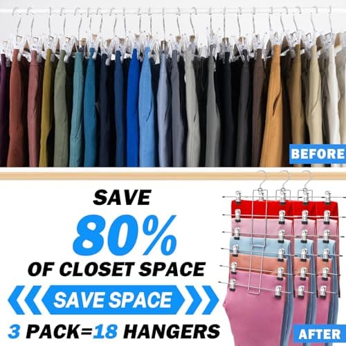 3 Pack Closet Organizers and Storage,6 Tiers Skirt Pants Hangers with Clips Space Saving for Home Organization and Storage,College Dorm Room Essentials for Girls Guys,Wardrobe Clothes Organizer - Thumbnail 2