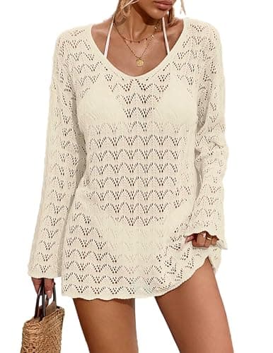 BreathSunny Womens Crochet Knit Beach Bikini V-Neck Cover Up Hollow Out Dress Summer 2026 Bathing Suit Coverups Apricot L - Image 1