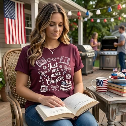 Women's 4th of July Patriotic Shirts Just One More Chapter Book Lover T-Shirt American Flag Reading Tee Summer Tops - Thumbnail 2