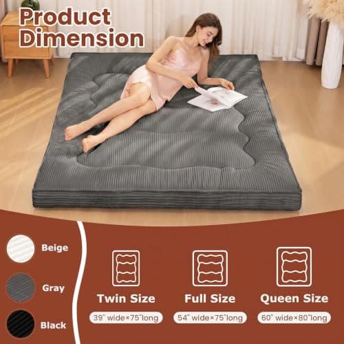 NLDD Futon Mattress Twin Size, 4" Thicken Japanese Futon Mattress Sleeping Pad, Corduroy Foldable Floor Mattress, Roll Up Tatami Mat for Adults Guest Room Bedroom, Grey - Thumbnail 6