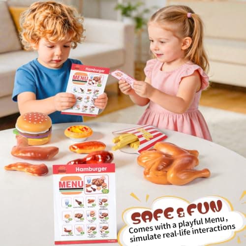 Wooden Play Food for Kids Kitchen Set with 10 Stacking Challenge Cards, 40+ Pcs Fake Fast Food Hamburger Toy with Roast Chicken & Play Money, Pretend Play Toys Birthday Gift for Toddlers Age 2-6 - Thumbnail 3