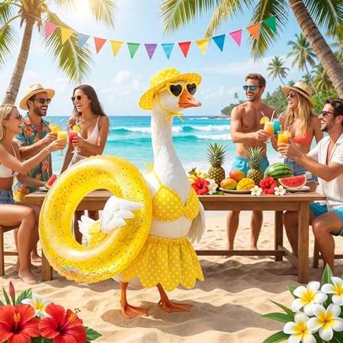 yuboo Hawaiian Porch Goose Outfits, 23'' Summer Bikini Goose Clothes with Swim Ring, Sunglasses, Hat and Skirt, Yellow Goose Statue Outfit for Outdoor Garden Lawn Yard Decor - Thumbnail 2