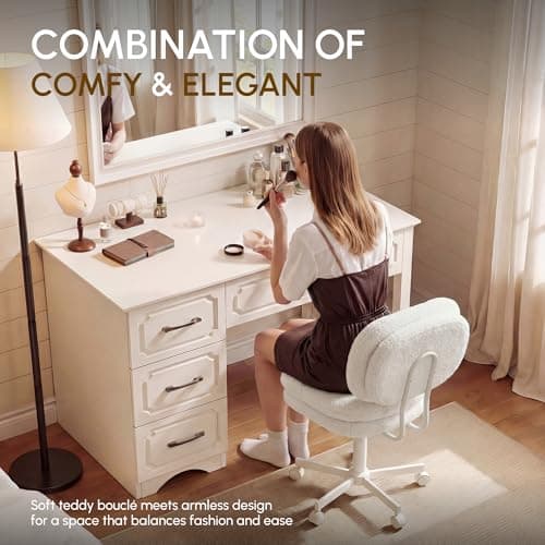 Dowinx Vanity Chair with Wheels, Double-Layered Thickened Cushion Makeup Chair with High Backrest, Armless Swivel Ergonomic Comfy Desk Chair for Home Office, Adjustable Height for Bar Counter-White - Thumbnail 6
