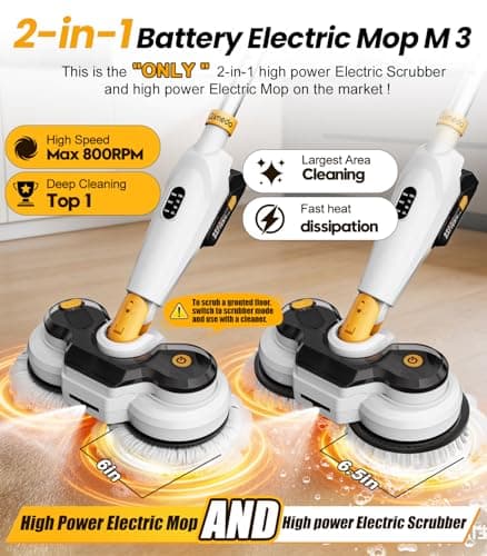 qimedo Battery Electric Mop M3, 800RPM Cordless Electric Power Scrubber & Mops for Floor Cleaning, Best Automatic Spin Mops with Smart Display,Rotating Mop with LED Light & Water Spray - Thumbnail 2