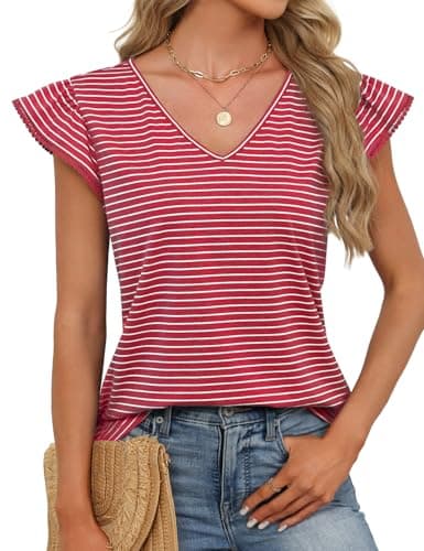 JUSTFASHIONNOW Womens Summer Ruffle Flutter Sleeve V Neck Tops, Soft Casual Striped Versatile Dressy Blouses(Red Stripe Large) - Thumbnail 3