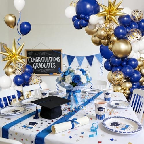 Navy Blue White Gold Balloon Arch Kit, 2026 Graduation Decorations, 130Pcs Blue Gold White Balloons with Foil Star Confetti Balloons for College High School Graduation Decorations Class of 2026 - Thumbnail 3