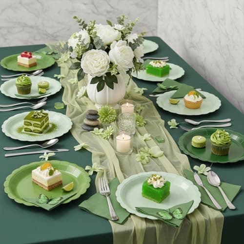 NatNarr 48 Pcs Sage Green Scalloped Paper Plates, 9" Disposable Dessert Dinner Plates Sage Green Cute Party Supplies for St. Patrick's Day Bridal Baby Shower Wedding Tea Party - Thumbnail 5