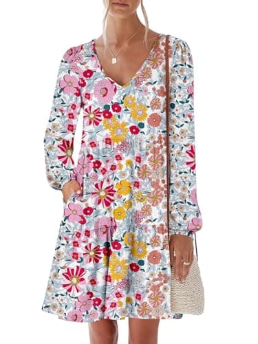 ANRABESS Womens Long Sleeve Dress 2026 Spring Casual V Neck Tiered Flowy Short Dresses Beach Travel Vacation Clothes Print Floral Medium