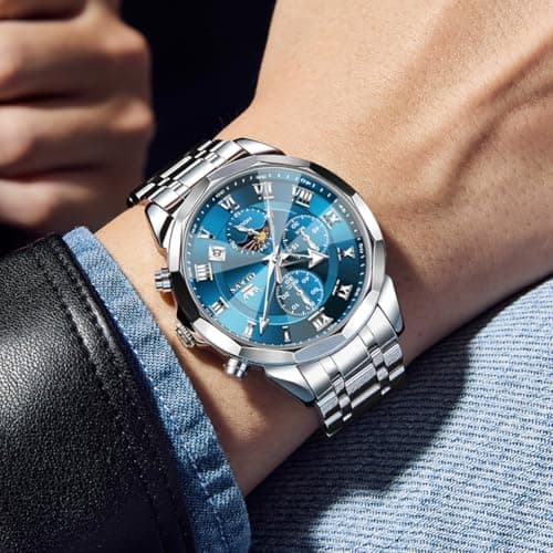 OLEVS Watch Men Luxury Sliver Stainless Steel Dress Waterproof Blue Face Wrist Watches for Men Classic Analog Quartz Moon Phase Chronograph Men Watch Relojes De Hombre - Thumbnail 3