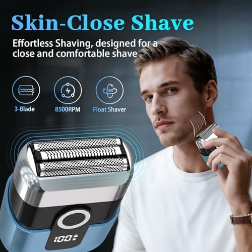 HENZILO Electric Foil Shaver for Men: Mini Electric Razor for Face/Beard - 3 Floating Blades Cordless Razor with LED Display - IPX7 Waterproof Wet Dry Shaving for Travel & Home, USB Type C - Thumbnail 3