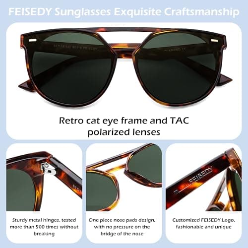 FEISEDY Women's Cat Eye Aviator Sunglasses- Polarized UV400 for Driving & Travel, Vintage Oversized Fashion B0119 Tortoise/Green - Thumbnail 4