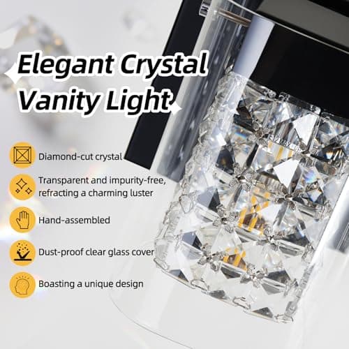TYhogar Modern Crystal Bathroom Light Fixtures, 3-Light Black Vanity Lights with Clear Shades, Bathroom Lighting Fixtures Over Mirror Wall Light for Living Room, Decoration,Bedroom（Exclude Bulb） - Thumbnail 4