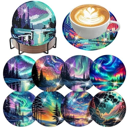 ijbnhd 8 Pcs Aurora Diamond Art Coasters Kits, Landscape Diamond Painting Coasters Kit with Holder, Diamonds Art Non Slip Coaster Crafts Kits for Adults Gifts 4x4 inch (Cork Wooden Pad) - Image 1