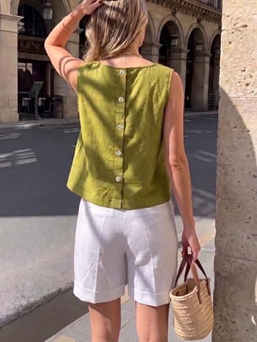 AceNest High Neck Tank Tops Linen Vest Plus Size Linen Crop Tops Boho Vacation Outfits Green XL - Thumbnail 4
