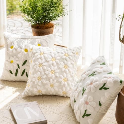 KIDHABE Spring Summer Pillow Covers 18x18 inch Set of 2, White Daisy Floral with Pink Stamen Pillow Cases, Soft Plush Faux Fur Jacquard Throw Pillows for Sofa Couch Holiday Spring Home Decor - Thumbnail 3