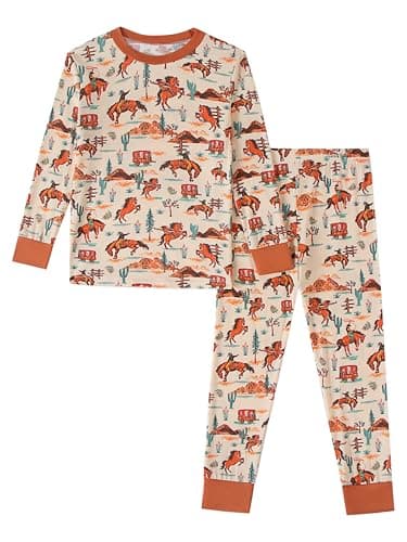 Joonberry Toddler Kids Soft Bamboo Viscose Long Sleeve Top and Pants Clothing Set–2-Piece 2-9Y Boys Girls Outfit（Horseback Riding, 5-6Y - Image 1