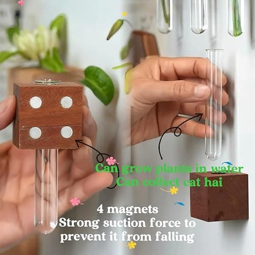 Mini Vase Magnets for Fridge,1PCS 3D Magnetic Wooden Wall Vase Holders with Test Tube, for Kitchen, Refrigerator, Bedroom, Storage, Office Decorations-Y - Thumbnail 2