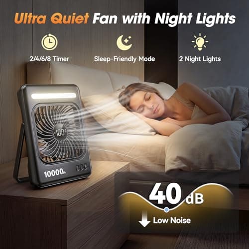 10000mAh Portable Travel Fan, 5 Speeds Strong Wind Cruise Fan with LED Lantern, 24H Runtime Cordless Personal USB Fan, 2/4/6/8H Timer, Ultra-thin Quiet Desk Fan for Camping, Office, Bedroom, Beach - Thumbnail 3
