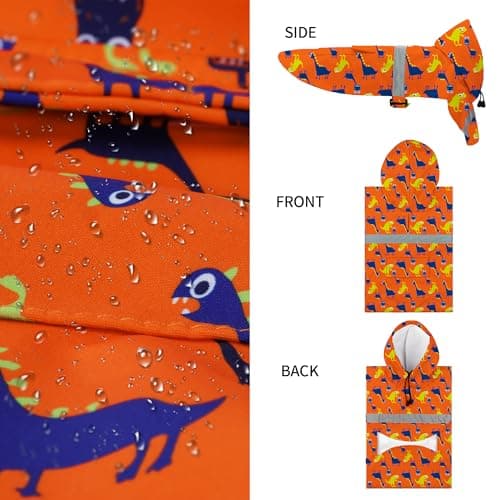 NACOCO Large Dog Raincoat Adjustable - Pet Dinosaurs Water Proof Clothes Lightweight Rain Jacket Poncho Hoodies with Strip Reflective Blue (XXL, Orange Dinosaur) - Thumbnail 2