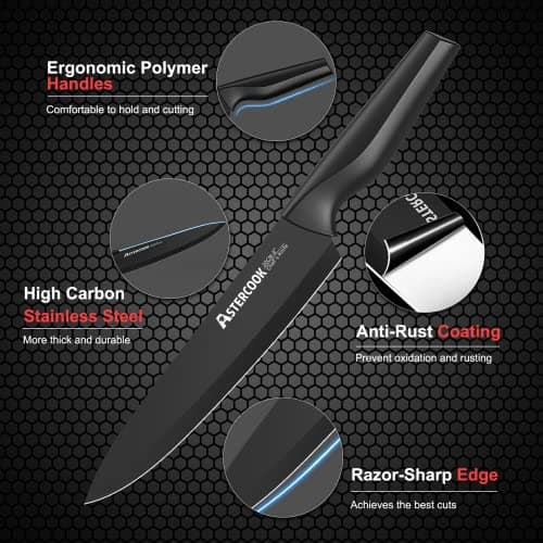 Knife Set, Astercook 21 Pieces Knife Sets for Kitchen with Block, Dishwasher Safe Kitchen Knife Set with Built-in Sharpener, German Stainless Steel Black Knife Block Set - Thumbnail 3