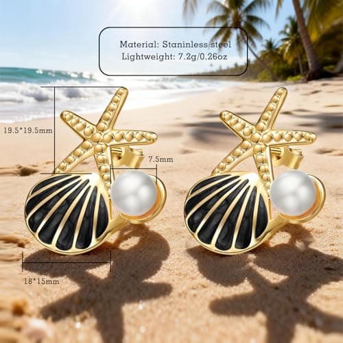 Stainless Steel Starfish & Seashell Summer Beach Earrings for Women, Black - Thumbnail 5