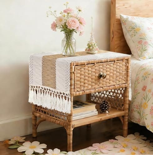 yuboo Boho Table Runner Short, Small Neutral Spring Table Runner 36 Inches, Macrame Dresser Scarf for Nightstand, Coffee Table, End Table, Bedside Table, Rustic Desk Dresser Decor - Image 1