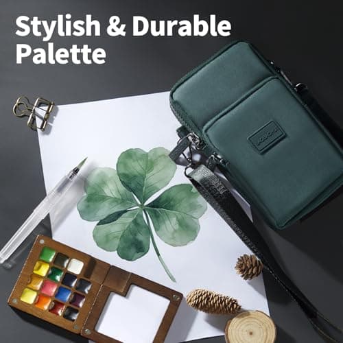 Mini Watercolor Paint Set, All-in-One 15-Color Walnut Wood Travel Kit with Crossbody Bag, Watercolor Journal, Metal Clip, Water Cup, Water Brush, Portable Pocket Art Set for Adult Art Lovers (Green) - Thumbnail 5