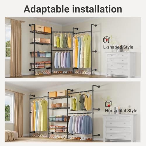 Timate X3 Expandable Heavy Duty Clothes Rack Wall Mounted Clothing Rack for Hanging Clothes, Industrial Pipe Closet System for Walk in Closet Kit Wall Mount Clothes Rack with Basket, Black Wall Closet - Thumbnail 2