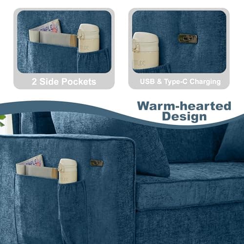 Tbfit 57" Love Seat Sleeper Bed, Convertible Pull Out Couch Bed, Chenille Loveseat Sofa Bed with USB & Adjustable Backrest, Full Size Pull Out Couches for Living Room, Apartment, Office, Dorm, Blue - Thumbnail 5