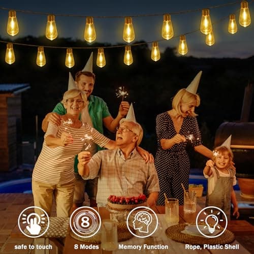 (New) Outdoor String Lights, 24FT 20 LED Hanging Bulbs Lights, IP65 Waterproof 8 Modes Plug-in Shatterproof Patio Globes Lights with Rope Hemp String for Backyard Balcony Camping Bistro - Warmwhite - Thumbnail 2