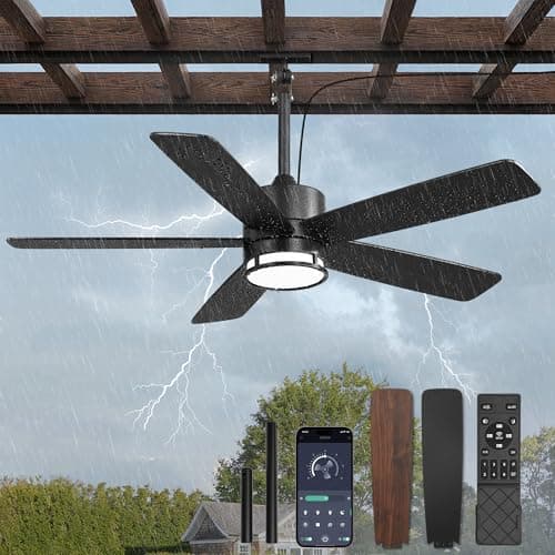 Glowivia 46 Inch Outdoor Ceiling Fan with Lights, IP65 Waterproof, Smart APP Remote Control, Dimmable 3CCT LED, 6-Speed Quiet DC Motor, Plug in Hanging Fan with Cord for Patio Porch Gazebo (Black)