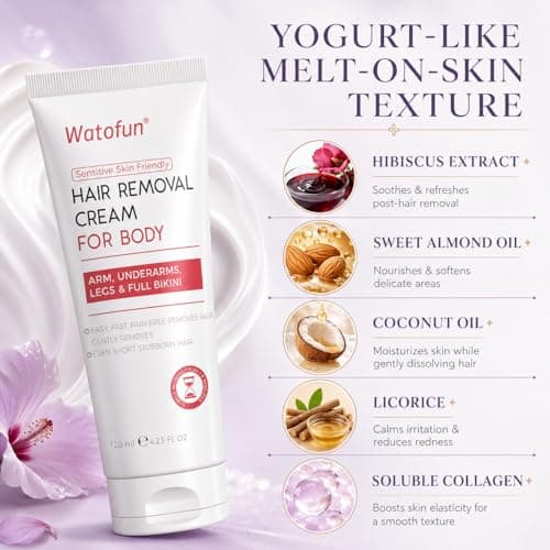 Watofun Body Hair Removal Cream for Women with Aloe Gel for Sensitive Skin, 5 Min Painless Depilatory Cream for Arms, Underarms, Legs, Chest& Bikini Line, hair remover for women 2-in-1 Kit, 6.35 Fl Oz - Thumbnail 5