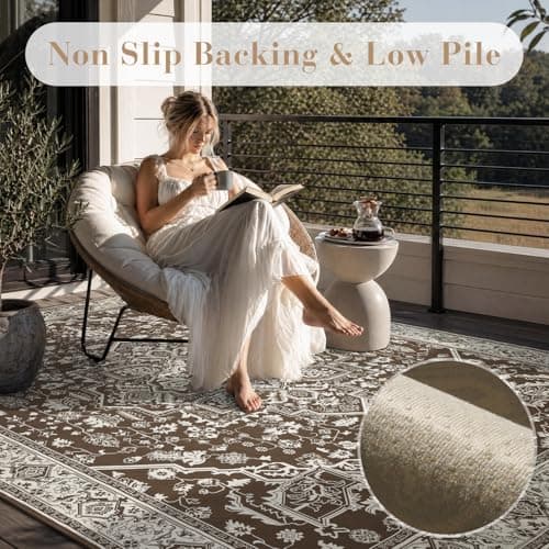 AMOAMI-Outdoor Rug-Patio Rug 5x8 ft Quick Dry Flatweave Textured Machine Washable Outdoor Carpet with Rubber Particles Backing Vintage Outdoor Area Rug for Patio Deck Front Porch Balcony Brown - Thumbnail 5