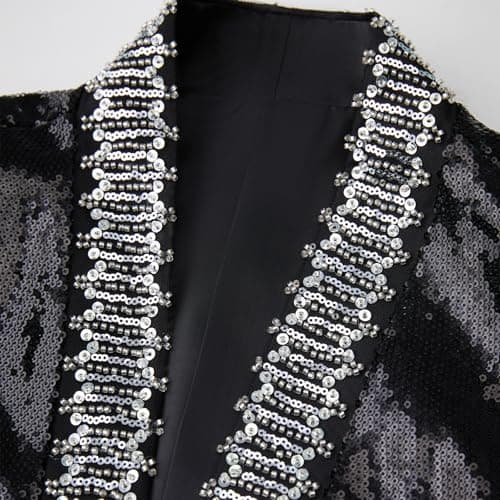 Men's Sequined Blazer, Black with Silver Trim, Performance Stage Jacket for Wedding Banquet (US, Alpha, X-Large, Regular, Regular, Black) - Thumbnail 6