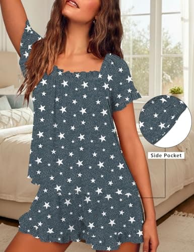 StunShow Short Pjs Sets for Women Gingham Pajamas White Lounge Set Women Babydoll Pajamas Modest Lingerie for Women Cute Lingerie Sets Star L - Thumbnail 5