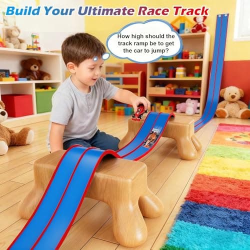 Flexible Race Track Toys for Kids, 15 Ft Flex Tracks Starter Set with Strong Suction Cups - Compatible with Hot Wheels and Diecast 1/64th Cars, Rolls up Portable Race Car Ramp Track (Red Blue) - Thumbnail 4