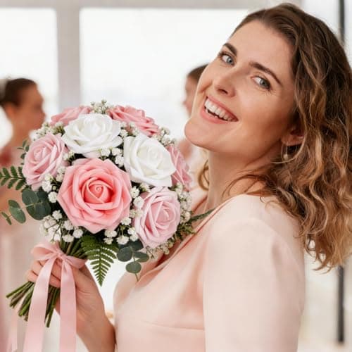 Bnoiiok Artificial Flowers 25pcs Real Looking Blush Shades Foam Fake Roses with Stems for DIY Wedding Bouquets Bridal Shower Pink Centerpieces Floral Arrangements Party Tables Home Decorations - Thumbnail 2