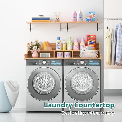 Kikihouse Washer Dryer Countertop, Laundry Counter Top Over Machines, Washer Dryer Topper for Storage, 2 Tier Wood Shelf Topper with Storage Space for Small Apartment (Wood, 53.9 * 27.5 * 12) - Thumbnail 3