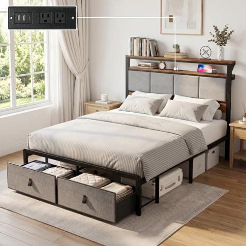 BOVONO Full Size Bed Frame with 2 Storage Drawers and Charging Station, Metal Platform Bed with 2-Layer Open Shelves, Bed Frames with Large Under Bed Storage, No Box Spring Needed Without Noise, Grey - Image 1