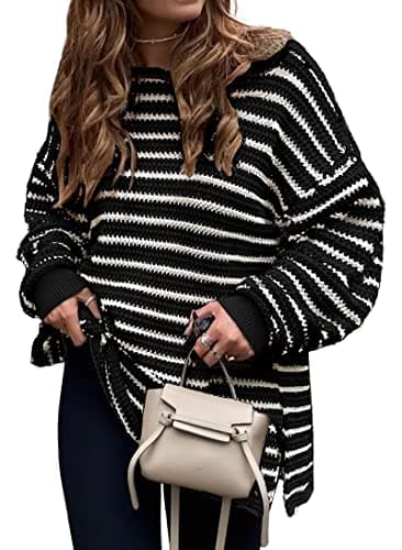 KIRUNDO Women's 2026 Fall Winter Oversized Long Sleeve Striped Sweater Casual Crewneck Side Split Pullover Knit Tops(Black, Small) - Image 1