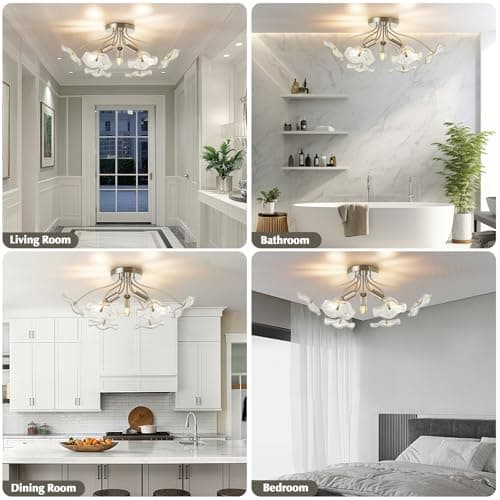 Luvkczc Semi Flush Mount Ceiling Light, Brushed Nickel Ceiling Light Fixture, Modern Floral Glass Lighting for Kitchen Entryway Hallway Bathroom Bedroom Foyer, 3 Light E12 Socket - Thumbnail 5