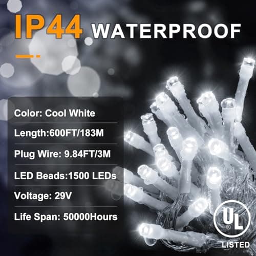 KNONEW 600ft 1500 LED String Lights Outdoor Christmas Lights 8 Modes & Timer Fairy Light Plug in Waterproof LED String Lights for Xmas Yard Tree Wedding Party Holiday Decorations (Cool White) - Thumbnail 4