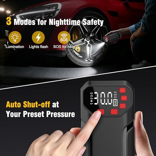 Tire Inflator Portable Air Compressor,5200mAh Cordless Car Air Pump with Digital Pressure Gauge, 150PSI Electric Tire Pump with Auto-Shutoff & LED Light Smart Inflation (Black) - Thumbnail 5