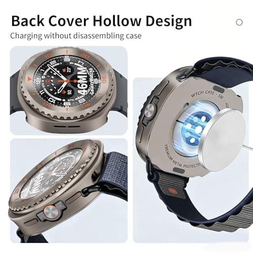 SDOCEBF for Samsung Galaxy Watch 8 Classic 46mm, Rotatable Metal Bezel Case, Slim Shockproof Bumper with Back Cover, Titanium/Orange - Thumbnail 4