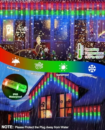 EAGWELL Christmas Lights Outdoor UL Certified Meteor Shower Light 16 Inch 20 Tubes 960 LED Falling Rain Drop Icicle Snow Cascading Lighting for Xmas Tree Wedding Party Garden Decoration, Colorful - Thumbnail 6