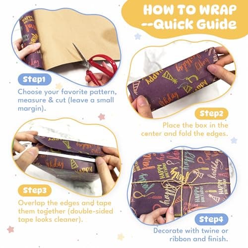 Homelyhi 5 Rolls Birthday Wrapping Paper, Five Cartoon Kraft Gift Wrap for Birthday Party Holiday Baby Shower, Recyclable Wrapping Paper Girl Boy Kids Adult, 17 Inch x 9.8 Feet - Thumbnail 6