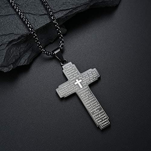Rehoboth Stainless Steel Our Father Lord's Prayer Cross Pendant Necklace for Women Men Chain 24 Inch Black - Thumbnail 2